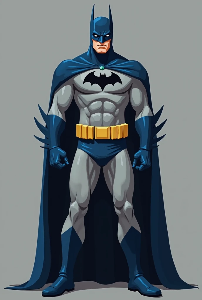 Create a male superhero with short dark blue eye mask, white clothes, yellow brown belt, blue gloves, blue boots, short black hair, white eyes, with blue cape