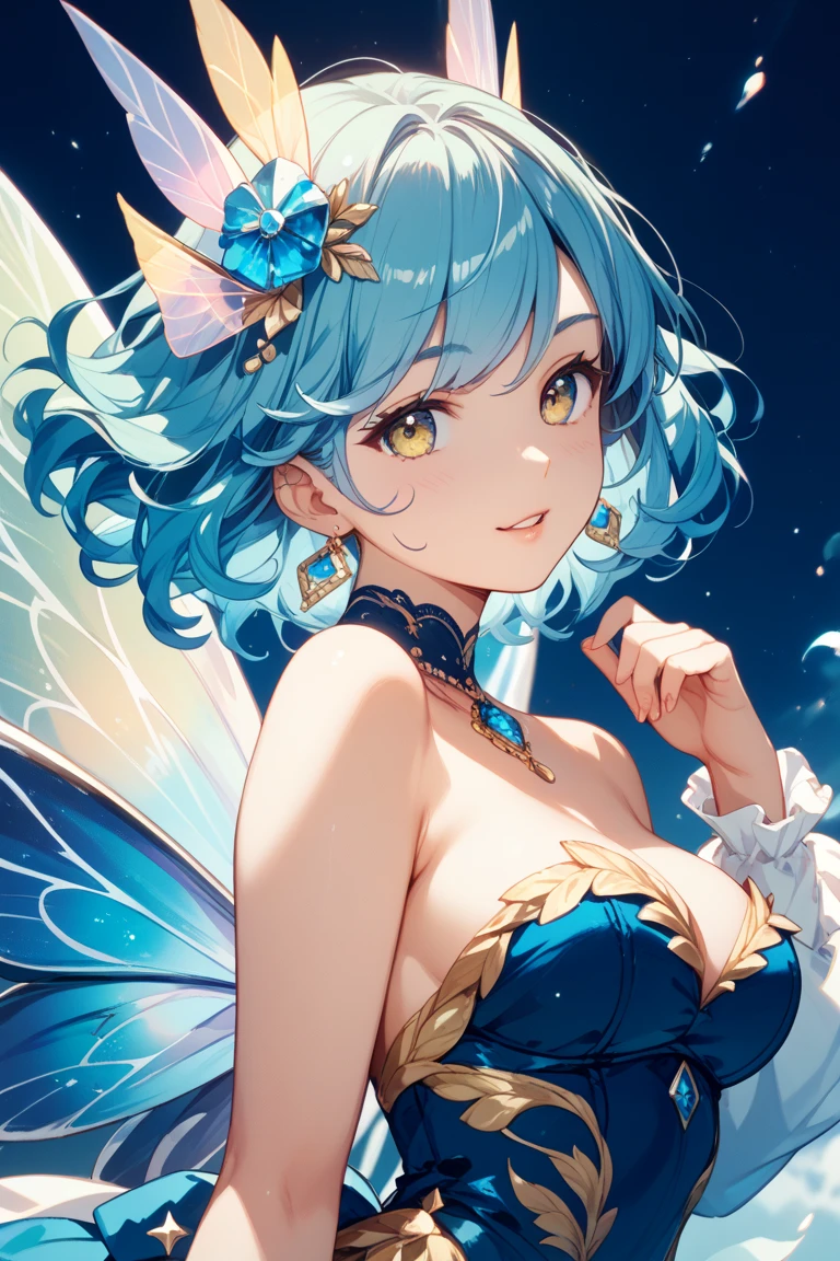 rooftop, cloud, null, 1 girl, illustration, 8K, highest quality, highly detailed, Beautiful expression, naughty, Cute face, grin, (Wings are growing:1.5), (1 Screen View:1.1), (masterpiece:1.2), (fluffy bob cut:1.1), (sky blue hair:1.4), (flower hair ornament:0.8)																