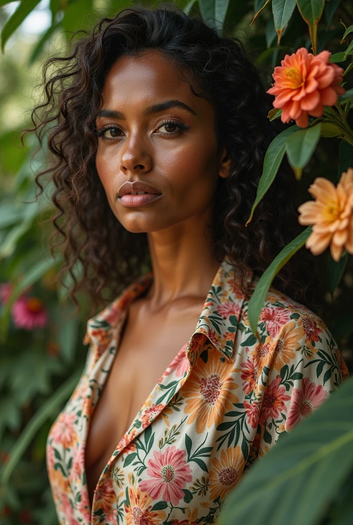 A Brazilian woman in a lush tropical garden, wearing an open shirt with a floral print, with a close-up capturing the harmonious beauty between her breasts and the natural flowers, showing off your natural charm and outgoing personality.