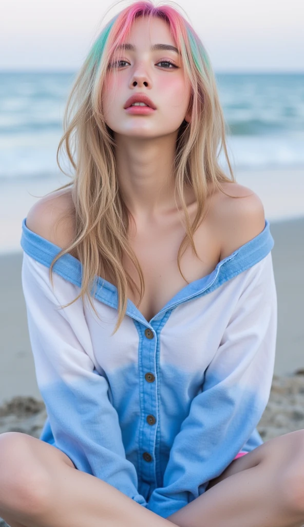 Pale blonde teenage girl with bangs and blue-green eyes wearing a green blouse taking a photo at sunset holding her cell phone on a beach with the blue sea