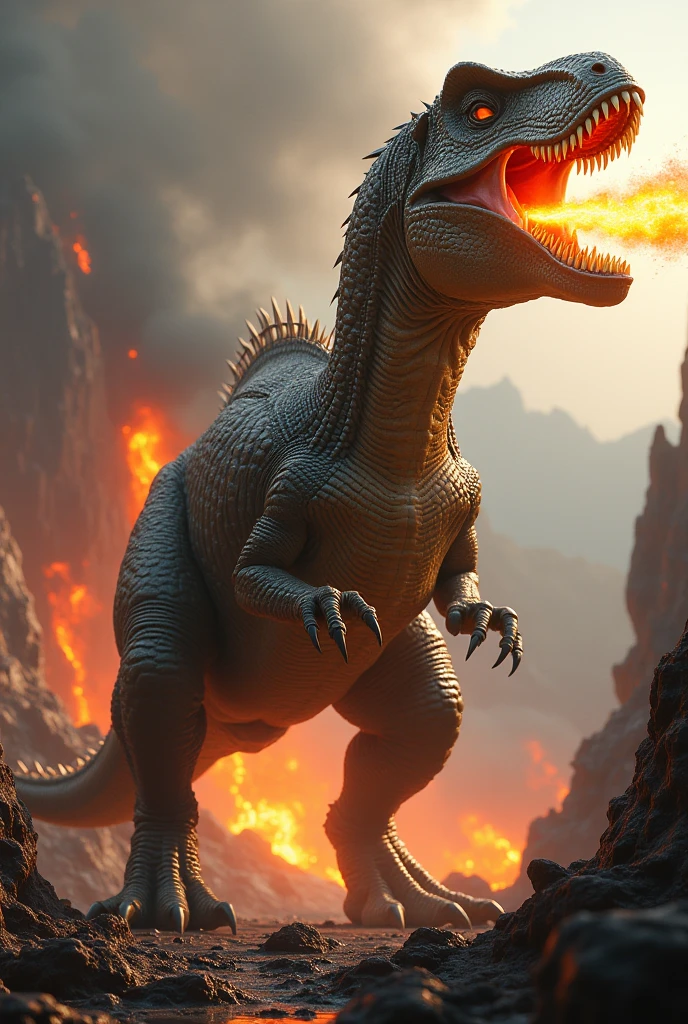 Giant dinosaur breathing fire,Fear,Dark