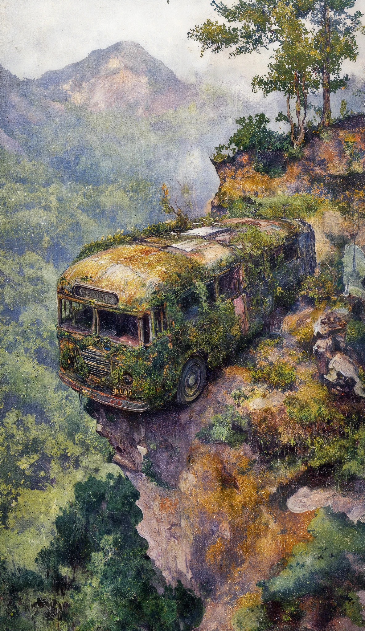 A photo of a high detailed realistic long bus. The long bus is on the edge of the high mountain. In the jungle the high mountain hillside counter. The long bus is rusty and contain greenery overtaken by nature. Trees and grasses are growing on it. Long Bus is at the edge of high mountain hillside counter. Looking like it will fall from the mountain. Standing at the edge of the mountain hillside counter in jungle. The photo is from drone top left view. --ar 9:16