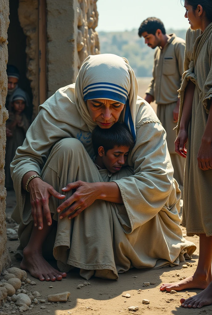Blessed Teresa of Calcutta, black robe, cinched waist, white scarf, Hugging a baby, standing amidst ruins of war, (best qualityer,4K,8k,high resolution,work of art:1.2), ultra detali, (realisitic,photorealisitic,photo-realisitic:1.37), soft lighting, soft shades, beautiful detailed eyes, compassionate smile, serene expression, golden halo, intricate folds in the mantle, weathered textures in the ruins, somber atmosphere, divine grace, bright coloured, pictorial portrait, sacred aura.