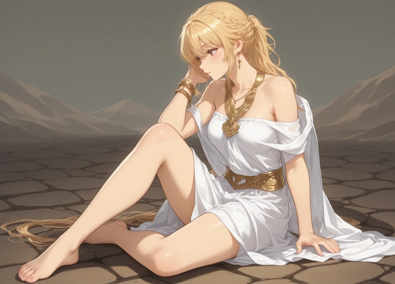 roman baths,White short hair girl,Perfect face,sit with legs crossed,Cross your legs,Sitting on a stone throne,The light source is the oblique sunset,There is some blood on the face when the sun hits it,Queen,The position is lying on the side,Bathrobe,Bathing,greek clothing