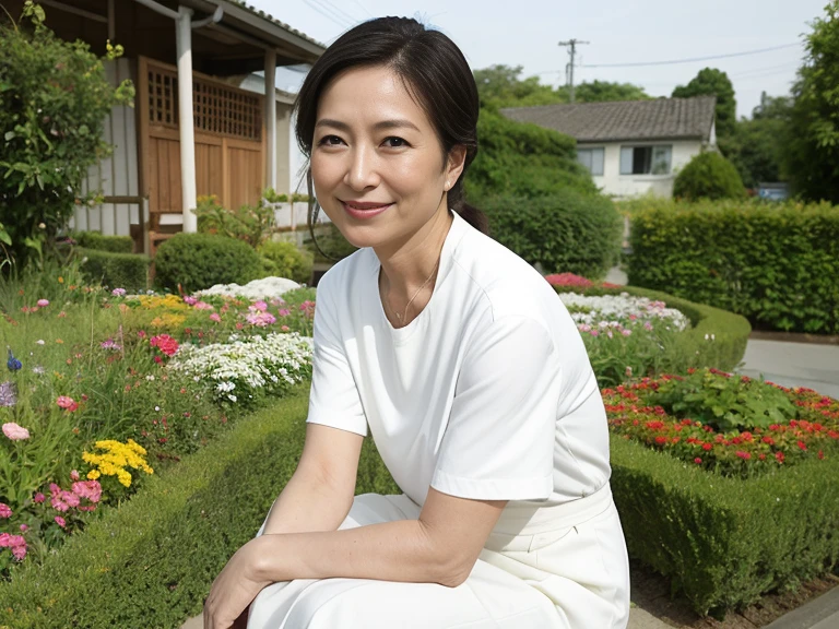 Highest quality、Masterpiece、Real Photo、Realistic、A 55-year-old Japanese woman cares for a 120-year-old man in a wheelchair、Smiling caregiver providing care、Sweat、Very detailed、Natural light、Short Hair、Detailed face and skin、Realistic eyes、Realistic hands