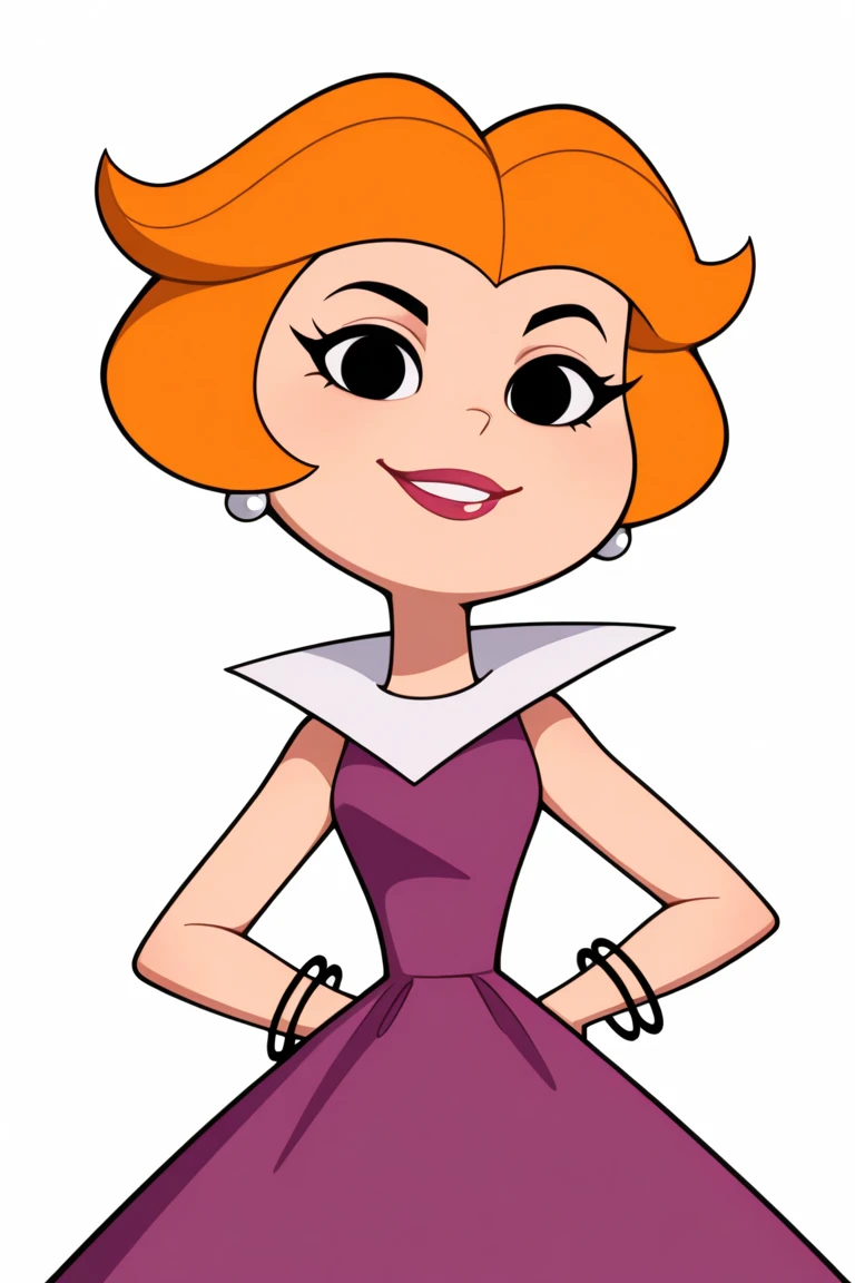 masterpiece, best quality, very aesthetic, absurdres,
1girl, jane, orange hair, short hair, black eyes, red lipstick, earrings,
purple dress, pantyhose, bracelet,
upper body,
smile, looking at viewer, solo, simple background, white background,