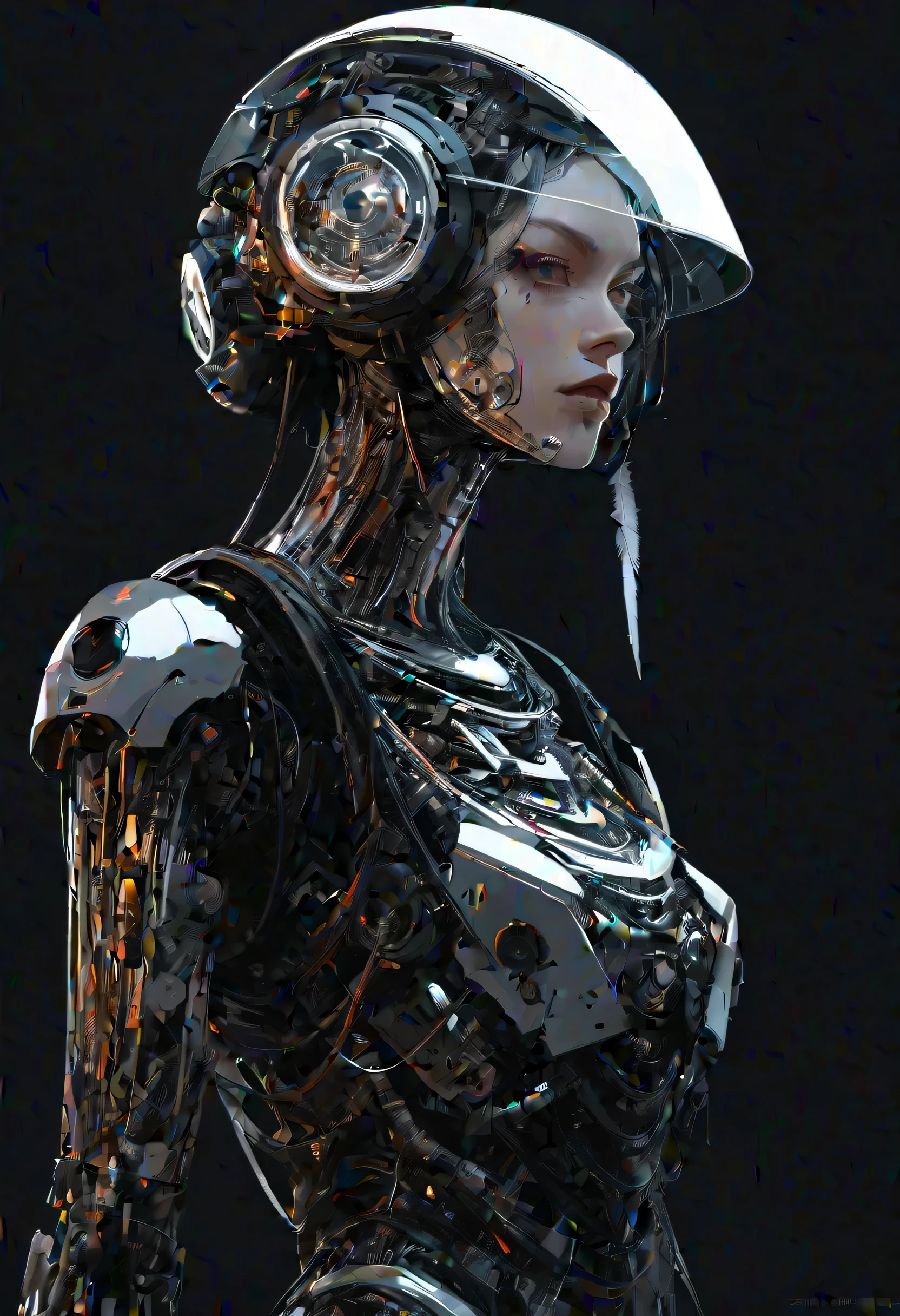 There is a beautiful girl wearing a helmet with feathers, cyberpunk art by Russell Donjun Lowe, Joshua Middleton Comic Cover Art , digital art , Cyberpunk Skeleton, Extra Fleshy Cyber Skeletons , hyper-realistic cyberpunk style, cyberpunk style , surreal, cybernetic and highly detailed , Cyberpunk Machine Portrait , cyberpunk horror style, Detailed Human Figure、crystal light、dcr34sed_c0l0ring, monochrome, Theme,