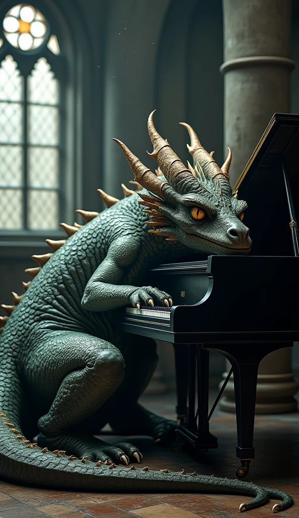 cover page, highres, top quality, best quality, paid reward available, unparalleled masterpiece, perfect artwork, High-quality illustrations, super high resolution, absurdres, perfect ???????(Anthro: 1.7)furry explicit((kobold))high res(detailed eyes expressive eyes)insane details(cinematic lighting)lizard man kemono((lizard man play the piano, staring Musical score))(piano:1.2)((lizard Facial Features, lizard Body Features))(Dense and Detailed Muscles))(hyper realistic scales:1.3)(detailed scales:1.2)(scale covered body)(kobold face)(kobold features)(expressive face, detailed face)(serious expression, downcast expression)from side, piano stool, indoors, window,