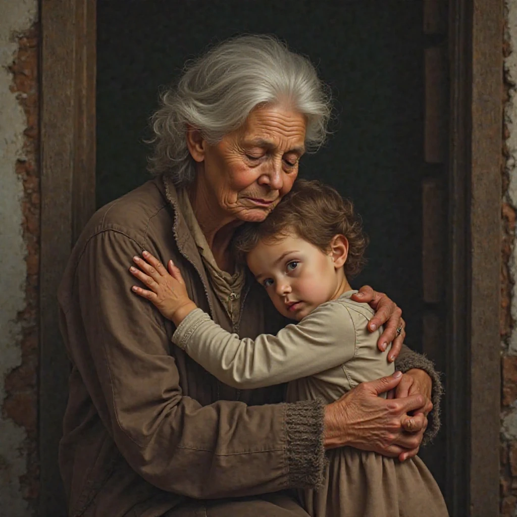 Old lady with a cane and a baby in her arms 
