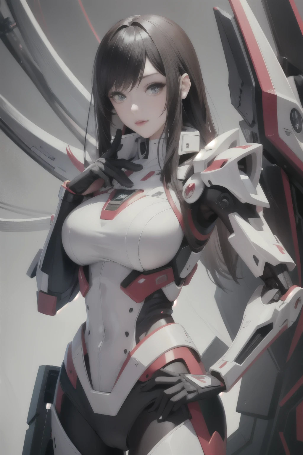 Masterpiece, (Photorealistic: 1.4), Top Quality, Beautiful Lighting, (ulzzang-6500:0.5), (Gray Hair) + (Long Braided Hair) + (Bangs), Purple Eyes, Glowing Eyes, (Gundam Robot Suit), (), Cleavage Exposed, Big, Dense Machine Parts, Tube Lines, Fine LED Lamps, Detailed Neon, RAW Photos, 8k UHD, Film Grain