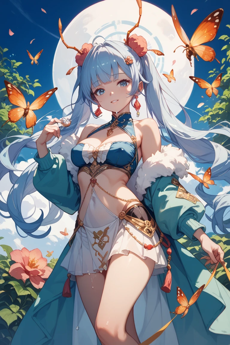 full bodyesbian,1girl,whaite hair,horse tailed,Light blue pupils,(ninjartist),short sword,Bigchest,围巾,Wallpapers,Magic array background,light particules,Green fire,White hair,long whitr hair,Light blue eyes,Blue butterfly tiara,Blue lotus necklace,White trench coat,巨作,Metering,huge tit,High split end,White translucent lace briefs
