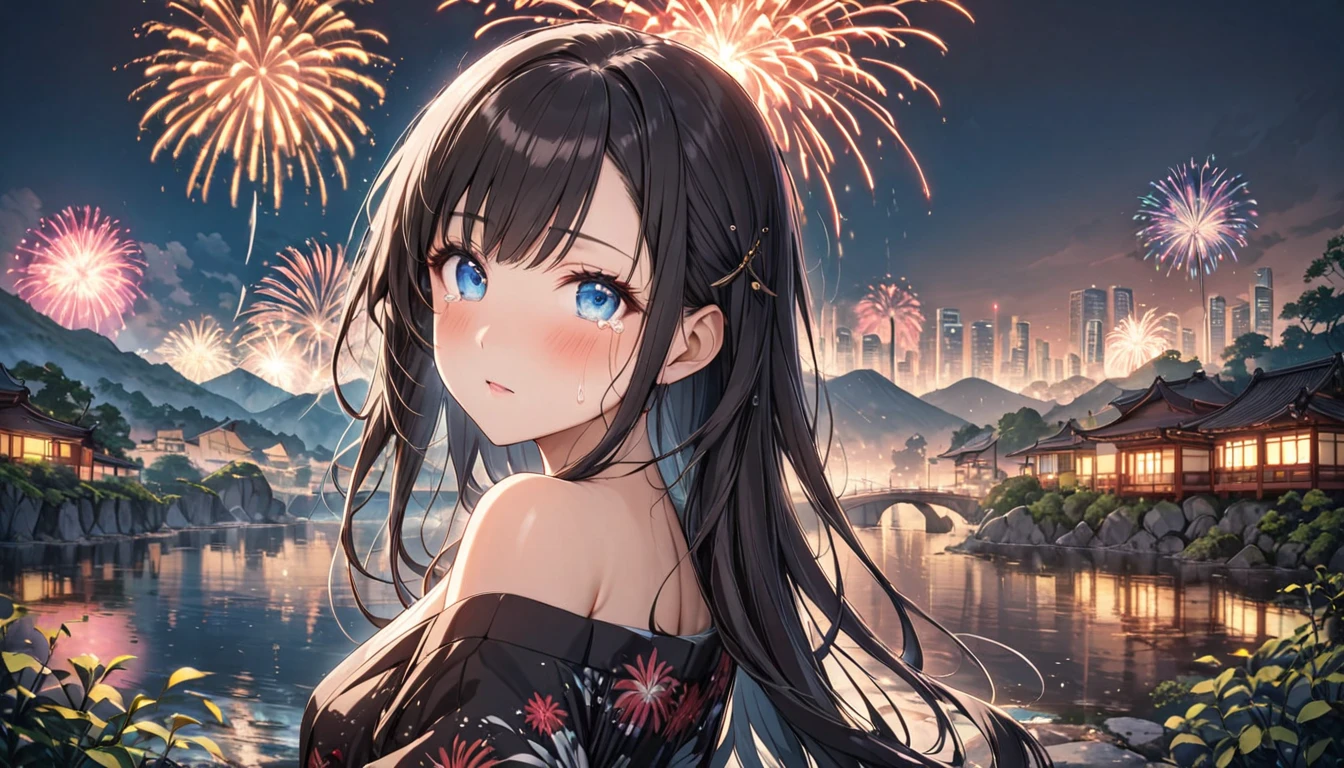 ((최고의 품질)), ((걸작)), (상세한), 여자 1명, Color Scheme: Earthy tones, primarily dark brown and black, with gold trimmings for accents.
Hairstyle: Long, wavy brown hair accessorized with a small floral clip.
Eyes: Striking green eyes.
Top: A corset-style top in black, enhancing the silhouette.
Jacket: A tailored military jacket with shoulder epaulets and brass buttons.
Accessories: A choker necklace with a green gemstone, matching the eye color.
Overall Vibe: Elegant, authoritative with a hint of mystique due to the dark palette and luxurious textures.
Location: A beach under a dark night sky illuminated by vibrant fireworks.
Details:
Sky: Deep, dark blue, almost black, filled with stars.
Fireworks: Colorful and bright, exploding in various patterns and colors, lighting up the night sky.
Ocean: Calm and reflective, mirroring the fireworks' display.
Sand: Golden, dimly lit by the fireworks above, creating a magical and festive atmosphere.
Additional Elements: Silhouettes of palm trees, a few lanterns along the shoreline, and the distant sound of waves blending with the bursts of fireworks.