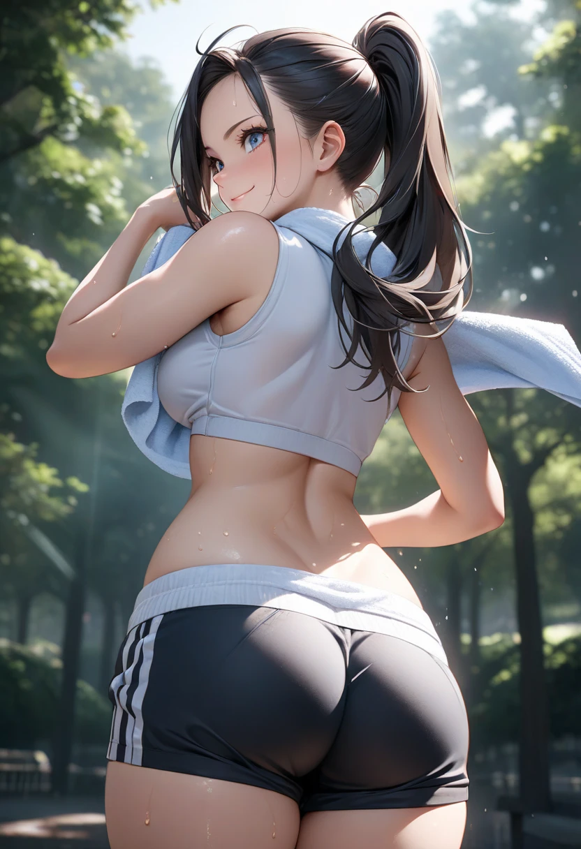 1 female,black hair,(()),(((White and blue sports bra and shorts)))(((blush、open mouth smile)),(((Yuki Mikan))),crowd(Baby girl bohape)(((small breasts)))squat,Look back and look back((wet with sweat))Outside playground,Mansuji