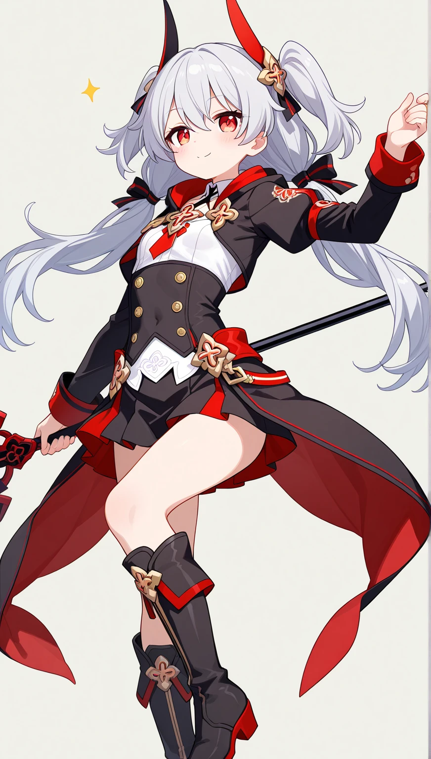 The character is a slender young woman.。She has reddish hair、Some of the hair is dyed white.、She has her hair styled in long twin tails.。She has a big pirate hat、Wearing a black jacket。The jacket is decorated with gold、It also has shoulder straps。Her outfit is sexy、Red bustier and mini skirt、Black Stockings、She is wearing brown high heels。Also、He has an eyepatch on his right eye、He has a mischievous look on his face.。The background is white。