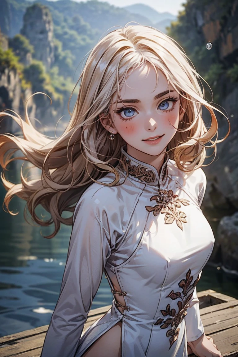 best quality, masterpiece, 8k, adult woman, average build, toned body, tattoo sleeves, dark purple eyes, face scars, ((blonde hair, golden yellow shade)), choppy uneven hair, sun kissed skin, tan lines, innkeeper, beaches, distant expression, looking out towards the ocean, feudal japan, morning, mismatched clothes, perfect eyes, detailed eyes, member of the pearl clan, japanese descent, hair bandana, hisui region, cobalt coastlands, naturally beautiful face