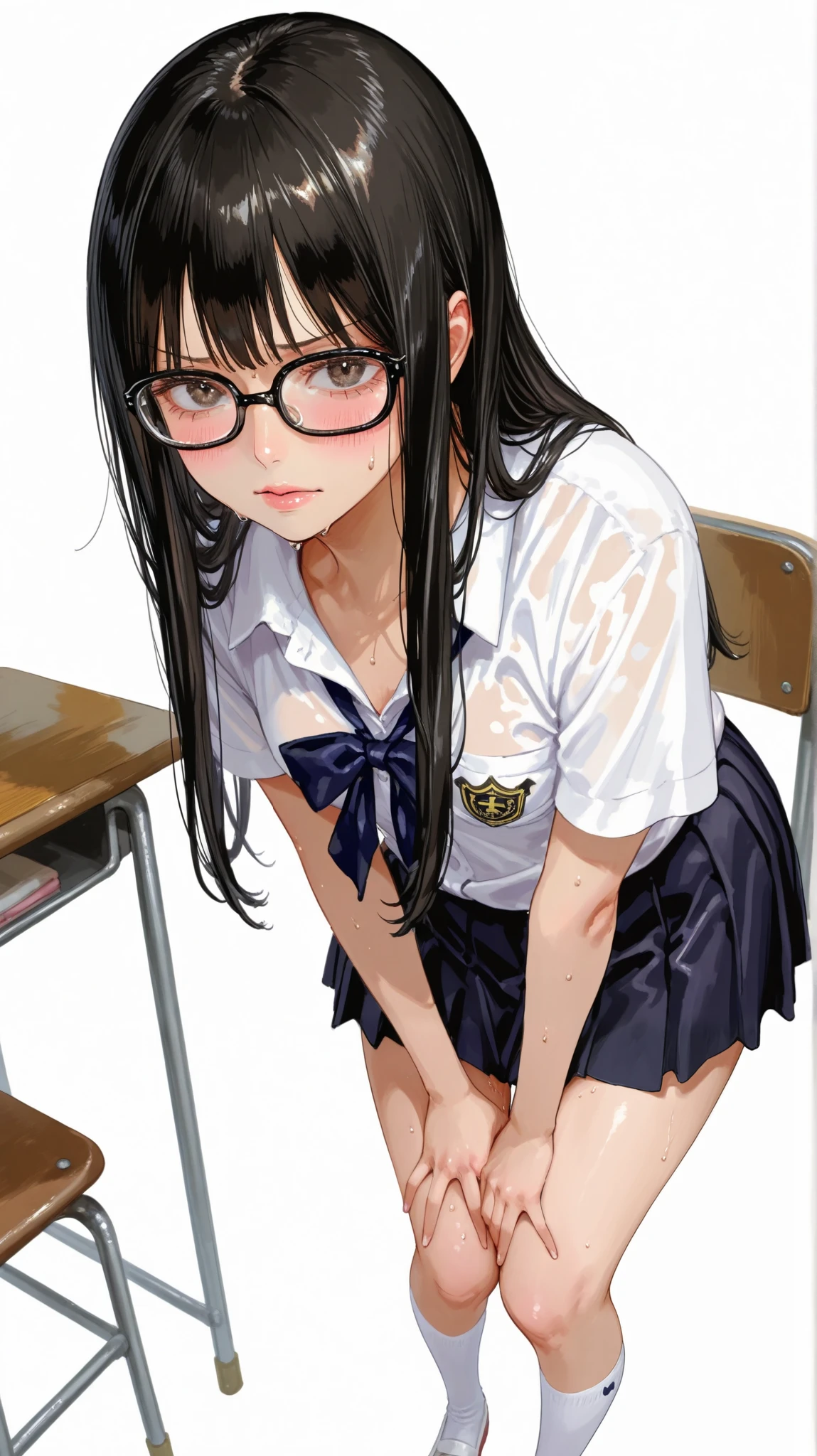 Five fingers、ArtStyle_OnePiece_MangaColored _ownwaifu、usnr、onepiecestyle、(onepiecestyle:1.2)、alone、girl、超details、pastelアート、(has a pure white background:1.4)、details、detail eyes、pastel、 beauty、small breasts、（full body:1.2）、upright、 standing、embarrassing expression that crosses a、realistic、in a school classroom、HIGH SCHOOL GIRLS、 summer uniform、black intellect glasses、black hair、long hair、Urge to urinate、A gesture of putting up with it、a lot of sweat、Put your hands between your thighs、(away:1.4)、cover
