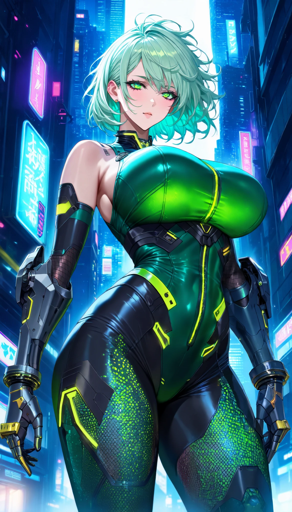1girl, green hair, very short hair, large breasts, breasts, wide hips, yellow eyes, smirk, smug, smile, bodysuit, black bodysuit, sleeveless, black pantyhose, pantyhose, shoes, futuristic, ((futuristic)), tech, machinery, science-fiction, full body, ((full body)), neon trim