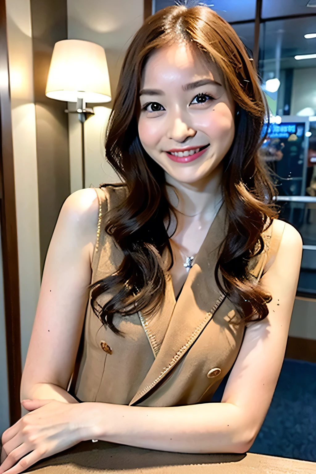(8k, raw photos from the past century, best quality, masterpiece:1.2), (realistic, realistic), 1 person, ((round face, big eyes, big breasts, brown hair, long hair, shoulder length, wavy hair, upscale area of ​​the city, navy pantsuit, beige high heels, high heels made of suede, full body), silver watch as accessory, front view, smiling, cute. With a sophisticated and approachable presence against an urban background with soft lighting, the meticulous composition and refined details express a modern Japanese style that combines professional elegance with casual charm.