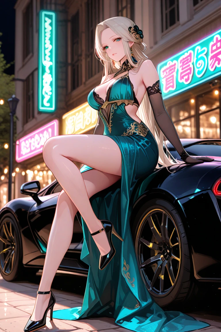 perfect and beautiful face, beautiful girl in  black and golden pointed toe stiletto knee high boots, standing beside a supercar ,, leatgher gloves on, big breasts and buts