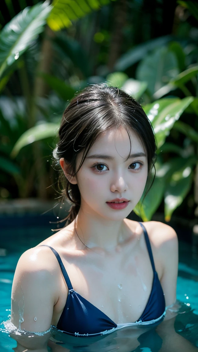 ((highest quality, 8K, masterpiece :1.3)), 1 girl, Pretty woman highlighting her slender abs :1.3, (dark brown hair, ponytail, huge breasts :1.2), wet body:1.2, pool, super detailed face, fine eyes, double eyelid