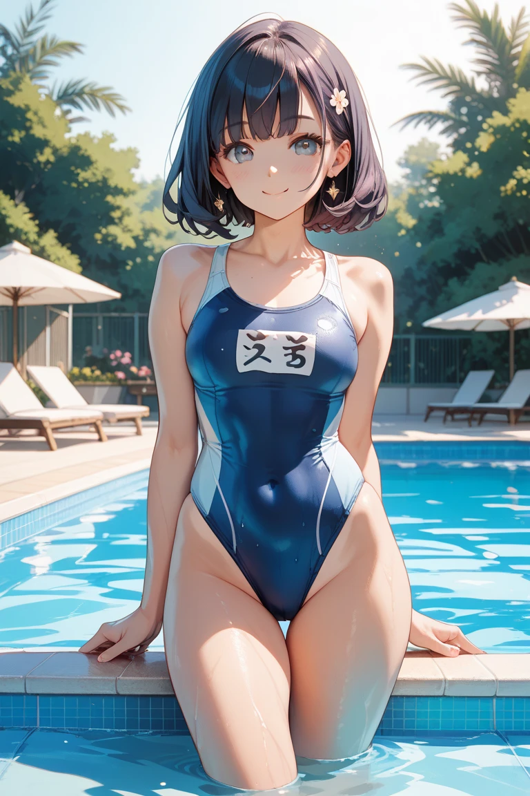 top-quality、Full limbs、complete fingers、Slender beauty、Bery short hair、knee high、Blue school swimsuit、Small eyes、Bedrooms