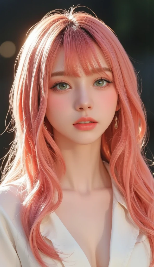 (Glow Art: 1.0), (bright, sketch, drawing: 1.0), (ultra high resolution, highest quality, super realistic:1.5), 1 girl, bangs, red eyes bright relucent light in hair, blush, clavicle, hair between eyes, long hair, looking at the viewer, good, open your mouth, pink hair, portrait, shiny, shiny hair, side ponytail, lazy look,