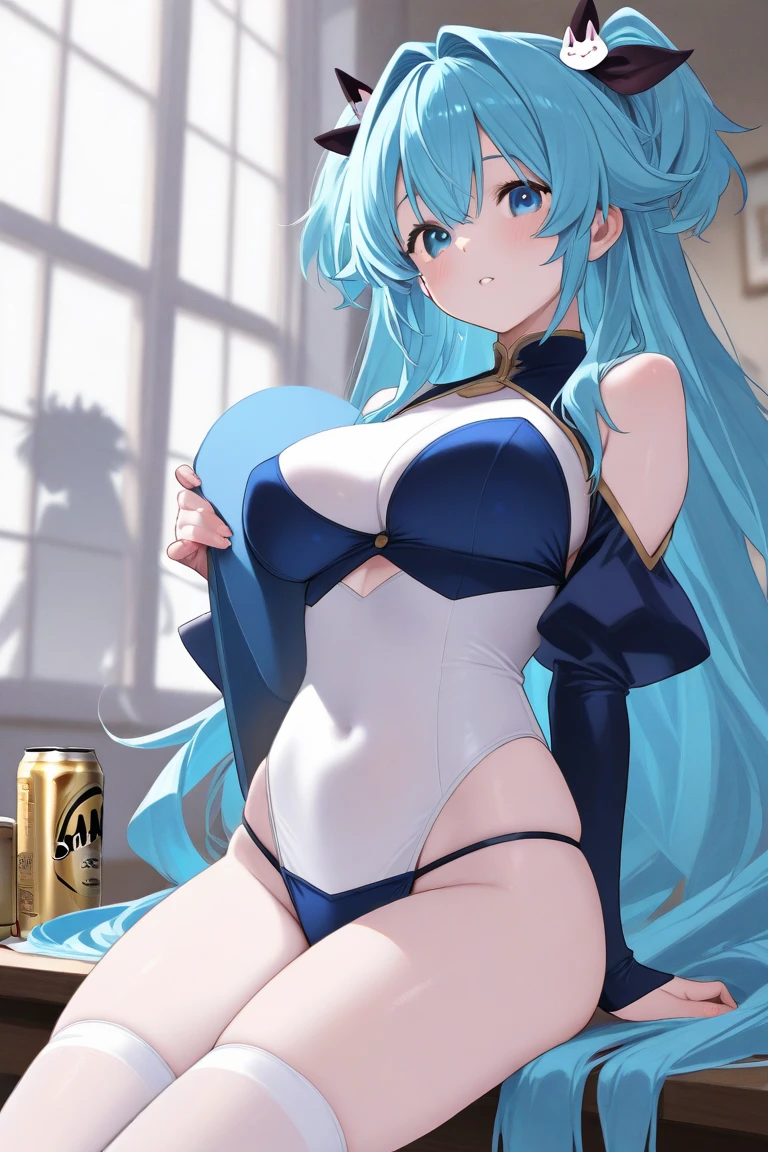 1girl, masterpiece, high quality, sexy, light blue bikini, tomoe,, huge breast, bright breasts, sitting, looking into camera, safe, sfw