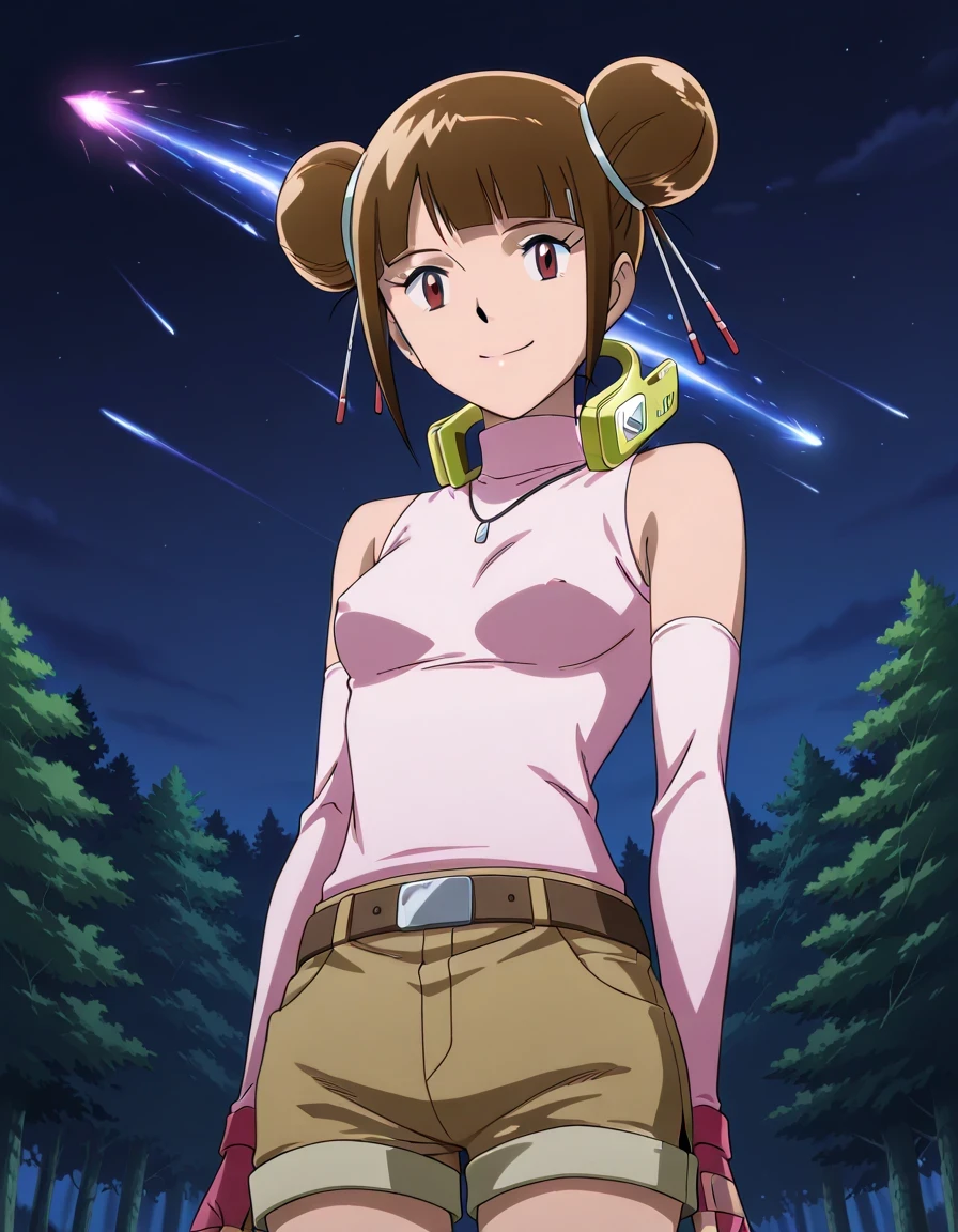 score 9、score 8 up、score 7 up、score 6 up、score 5 up、source anime、anime coloring、best quality、high resolution、masterpiece、 1girl 、Digimon Adventure tri 、hikari yagami 、anime coloring、cartoon、anime coloring、 Hair、Short Hair、brown eyes、blunt bangs、hair pin、hair bun、double bun、necklace、cell phone on neck 、 pink and white shirt、Big Breasts、two tone shirt、medium chest、Lift up to slightly erect nipples、shirt with an pink and white、sleeveless、detached sleeves、turtleneck、detached sleeves with an pink、shorts、shirt neck with an turtleneck、belt、shorts with an yellow、elbow gloves、fingerless gloves、smile、Outdoors、(forest, meteor, night)、looking at viewer、Cowboy Shots、dutch angle、