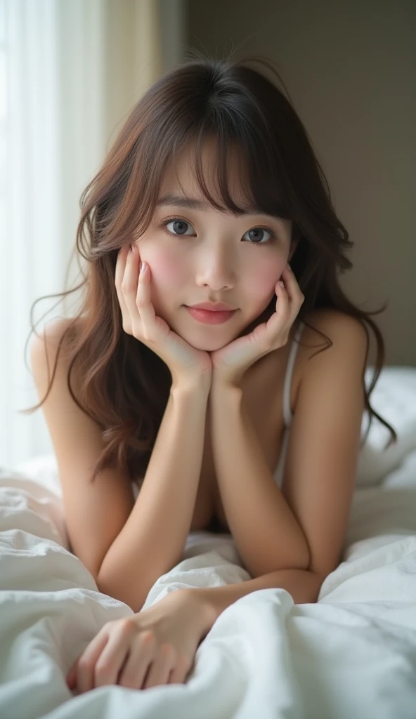 Ultra High Quality、live-action、Back view、Japanese、18-year-old、(Hostess)、Brown Hair、private、Off-shot、(Living Style:1.3)、(Selfie:1.3)、Selphy、(1 person)、(slender:1.2)、(Black camisole:1.3)、Lying down
