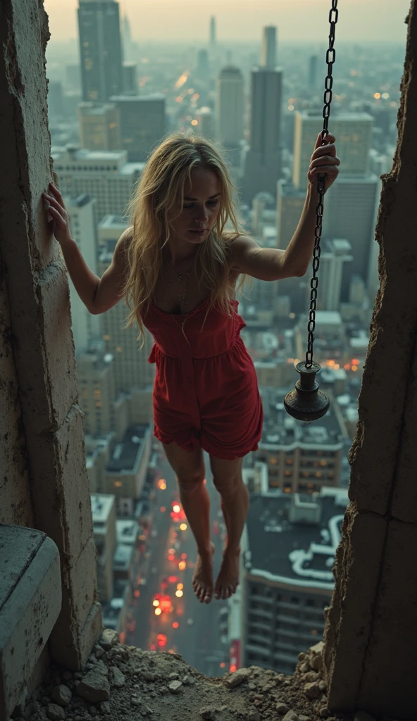 American woman, about 30 years old, white skin, fit body, long blonde hair, wearing a red bra, white short skirt, standing on a red ladder, leaning back, her face frighten.