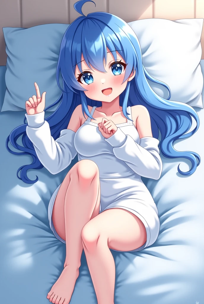 anime girl with blue hair laying on a bed with her feet up, 2 b, 2b, shiny white skin, top rated on pixiv, extremely detailed artgerm, loli, 8k high quality detailed art, smooth blue skin, ashe, blue shiny eyes, with blue skin, small curvy loli, [ 4 k digital art ]!!