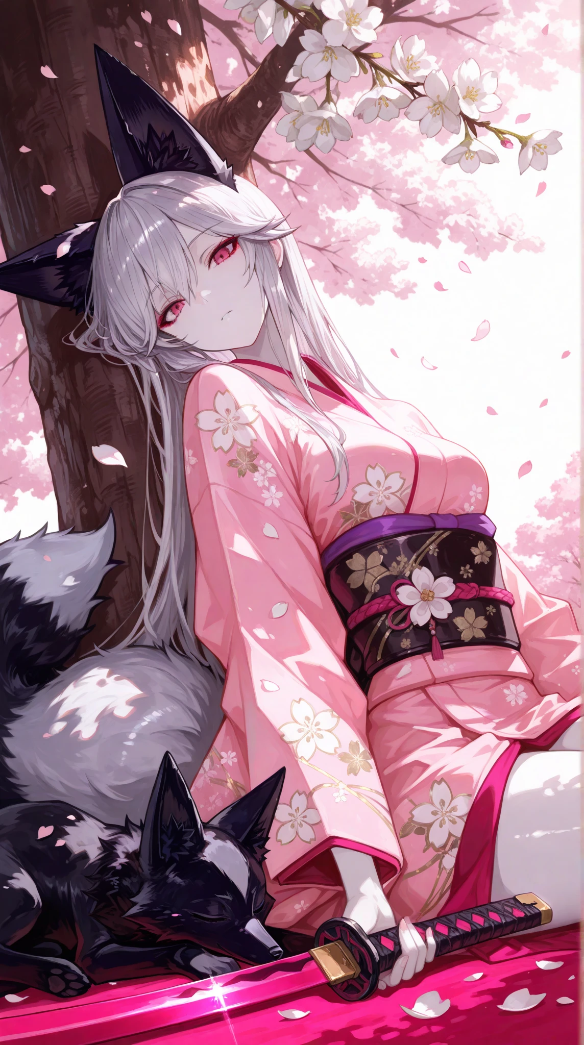 a woman ((fox lady)), close up shot, 1 woman ((dark pink eyes, straight silver hair, silver fox ears, silver fox tail, perfect body, small medium breasts, pale skin, pink kimono, white flowers motif kimono)), holding 1 Katana with pink sheath, pretty, sexy, lust, perfect, innocent, she is sitting on the ground, leaning to a tree, ((with her giant silver fox next to her, white silvery color fox, sleeping fox)), inside cherry blossom dense forest, under the cherry blossom tree, ((falling petals:1.4)), ray of sunlight from canopy, dynamic light, looking at viewer, beautiful, detailed, elegant, highly enhanced, sharp focus, illuminated background, scenic, artistic, balanced colors, best, stunning, magical, pure, wonderful, delicate, creative, positive, unique, flowing color, shiny, masterpiece, best quality, amazing quality, very aesthetic, absurdres, newest, highly detailed, high-resolution.