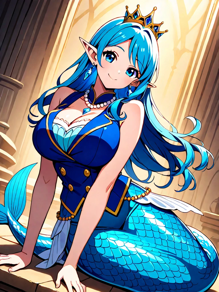 (mermaid girl:1.2), (1 person:1.2),(10 year old girl)、young girl、big breasts、 table top, nffsw、shader、highly detailed eyes、blue hair、long hair、long hairで胸が隠されている、silky hair、ultra-intricate pupil in eyes、highest quality、bright colors、Bust 100、Standing picture of the game、Pose that emphasizes the chest、upper body naked、The lower body is a fish、blue scales、rub your chest、vapor、bare hands、grinning expression、eyes half closed、open your mouth、Mr.々Position、fold your hands behind your back、Hide your hands、evil smile