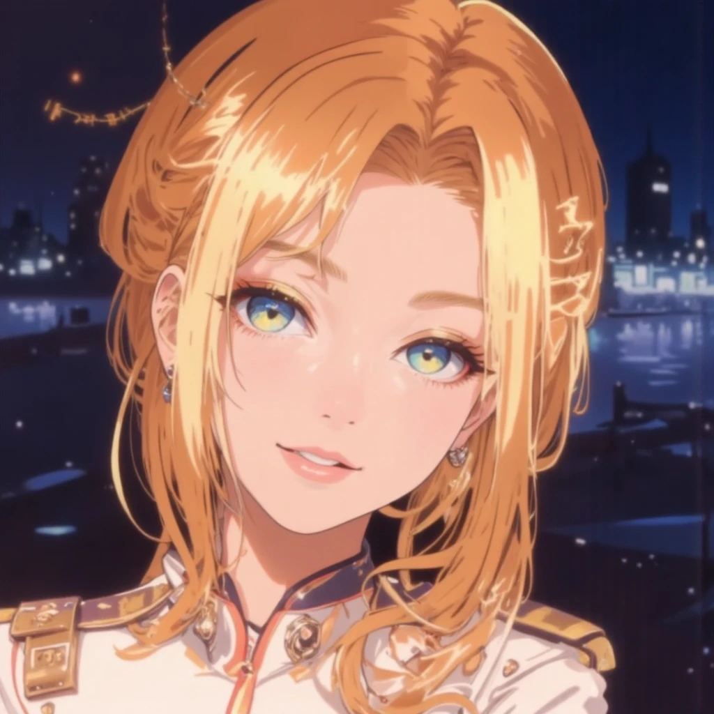 (score_9,score_8_up,score_7_up),Anime Portrait,
BREAK,
1girl, solo, long_hair, looking_at_viewer, smile, detailed_background, hair_between_eyes, jewelry, closed_mouth, blue yellow gradient eyes, upper_body, golden_hair, milf, mature_woman,mature_lady, lipgloss,sexy look, flirty look, motherly, raised eyebrow, brass eyeshadow, ship captain,admiral,
BREAK,
((naval_uniform)),nighttime city harbor background,
BREAK,anime screencap,
