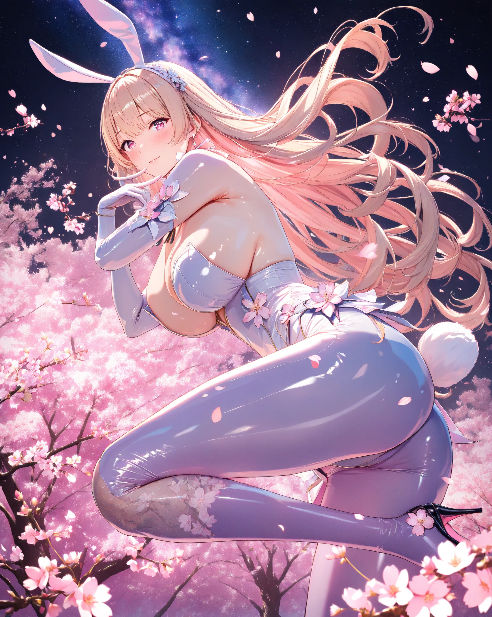 masterpiece, highest quality,beautiful eyes, beautiful hair, beautiful face, beautiful skin, solo, 1 girl, erect nipples, anime girl, (whole body), curvy, beautiful breasts,shiny skin,shining eyes, smooth skin, glowing skin, soft skin, shiny skin, （Purple high-leg bunny girl leotard with no decorations on the shoulders and neck.)、side boob, cleavage, bare legs, high heels, pink hair, (bare neck:1.3), (bare shoulder:1.3), (bare collarbone:1.3)