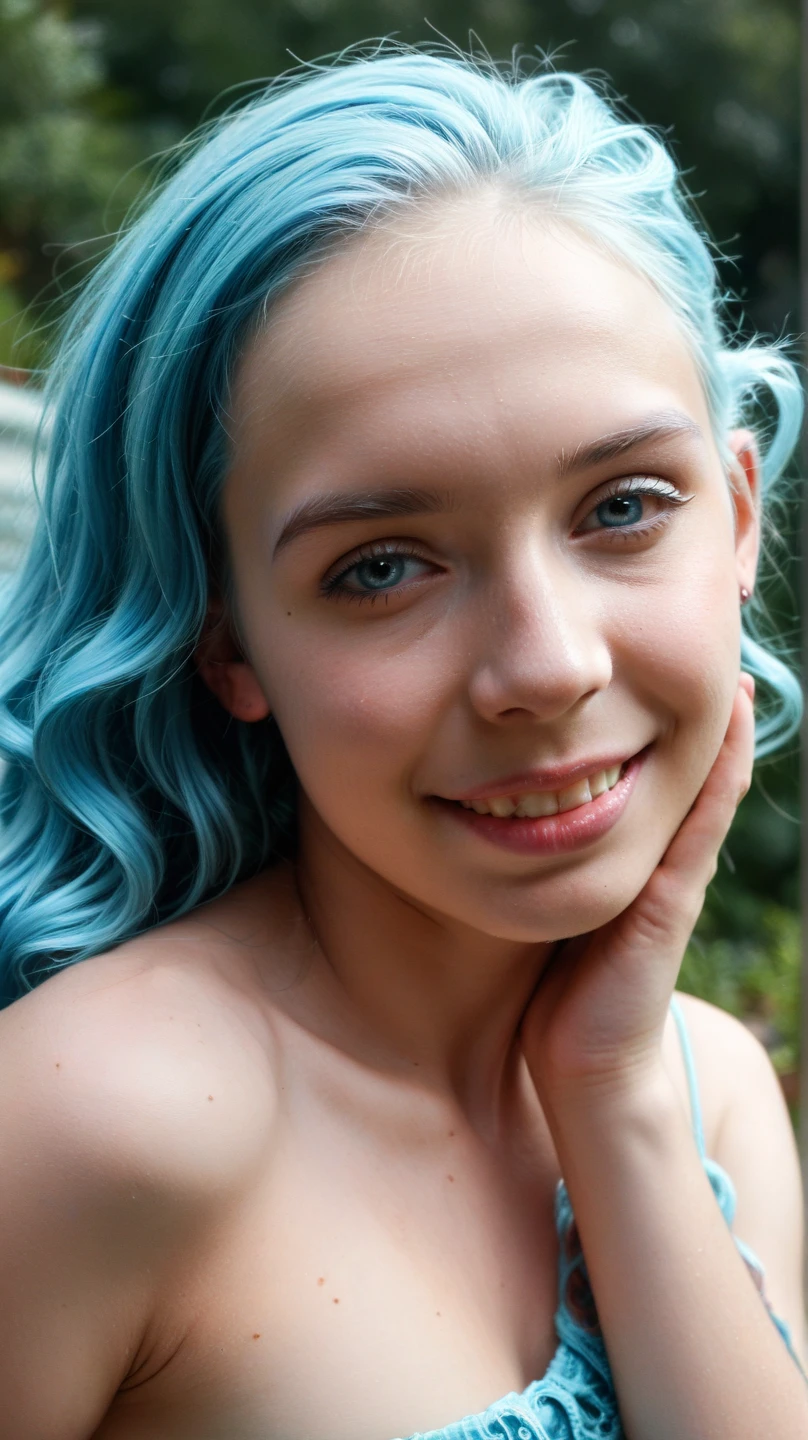 a group of 3 cheerful and playful 18 year old country girls with blue hair and blue eyes, with lots of freckles all over their bodies, posing in front of a mirror, (best quality,8k,highres,masterpiece:1.2),ultra-detailed,(realistic,photorealistic,photo-realistic:1.37),beautiful detailed eyes,beautiful detailed lips,extremely detailed eyes and face,longeyelashes,beautiful countryside landscape,natural lighting,vibrant colors,warm tones,pastoral,countryside,cute,candid,natural,spontaneous,joyful,girls,friends,mirror,freckles,blue hair,blue eyes