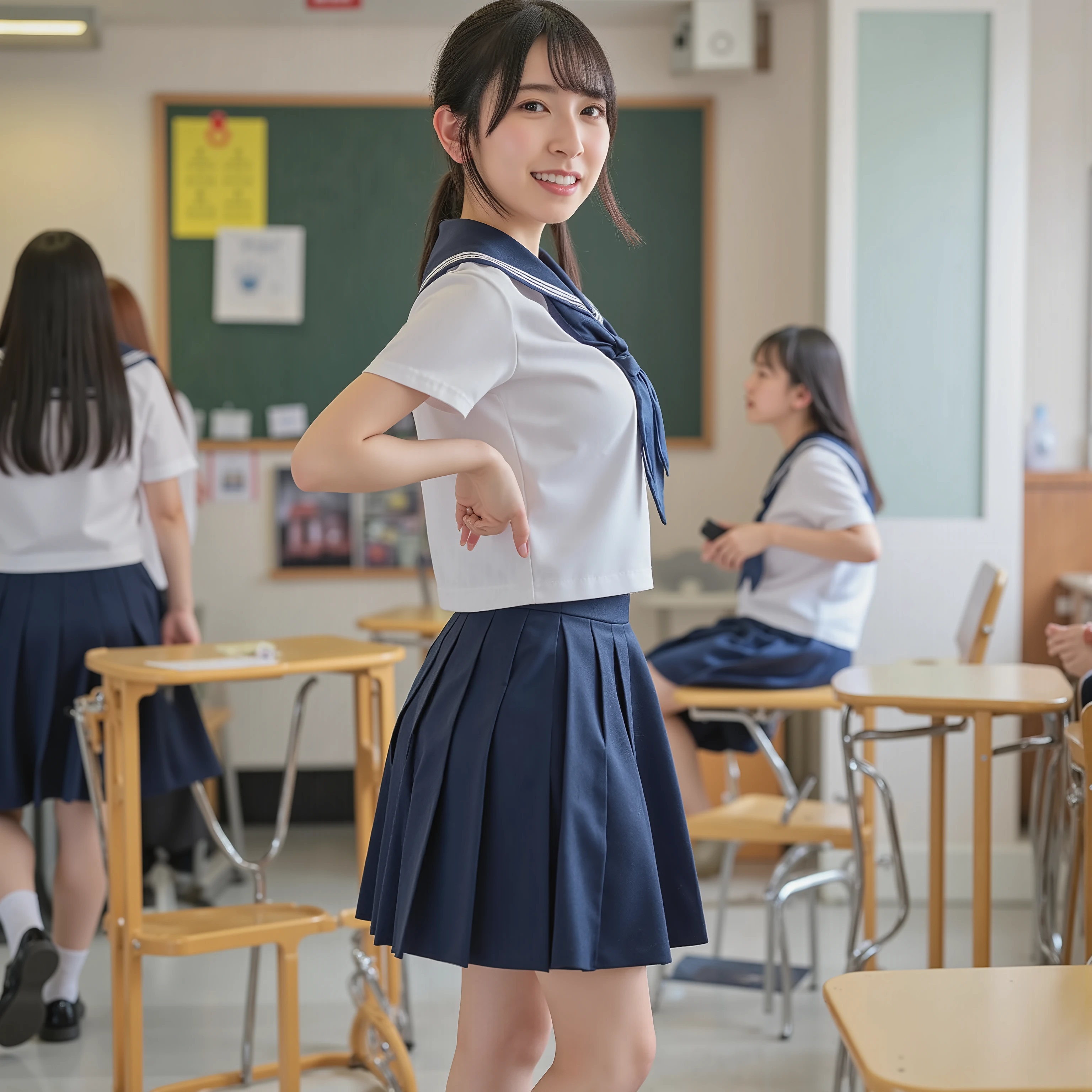 (Canon), (EOS R5), (50mm), ((( photorealistic:1.5))), (No lens flare :1.5), ((超 high resolution)), (masterpiece), accurate,( Realistic texture skin), more details, high detail, High Quality , Award-winning work , 最 High Quality , 32K, written depth, digital camera, Award-winning glamour photo , professional lighting, (SFW), ((最 High Quality :1.5)), ((masterpiece:1.5)), (( realistic)), high resolution, Realistic shadow, Roughness, Real Life,( a very beautiful and cute Japanese woman), ( The cuteness of Japan's top idol ), (( cute 18-year-old Japanese high school girl )), (( high school classroom )), ((( with slightly visible teeth is light blue, the collar is dark blue, and she is wearing a short-sleeved white summer suit sailor suit with 3 white lines and a dark blue flare skirt:1.8))), (( a white short-sleeved sailor uniform with a navy blue collar)), (( dark blue flare skirt )), (( no accessories)), Attractive cuteness , slim figure, ((A little teeth showing, very cute smile:1.5)), (alone:1.5), (There is only one person in the classroom) , ( Detailed depiction of extremely realistic skin ), (Highly detailed, realistic eyebrows), ( beautiful catchlight on the eyes), (Realistic lips with moisture ), ( white realistic teeth arranged neatly), ( hourglass figure :1.6), (Wasp waist :1.5), ( perfect style body :1.8), (Healthy body :1.8), ( holding hands with mom staring at viewers), (Beautiful, natural-looking hands), ( show your hands as little as possible ), ( very cute smile:1.1), ( her stomach and navel may be slightly visible:1.4), Natural atmosphere, Very cute type, Beautiful Thighs, (( evening classroom )),, blur background, Illuminate the face, beautiful body line , Beautiful, realistic skin , Art Photography, beautiful soft lighting , Accurate , seductive pose , wear black thigh high socks, sleeveless, Full body standing pose, cowgirl position, open legs, crawling position on hands and knees, kneeling pose, wear black thigh high socks,