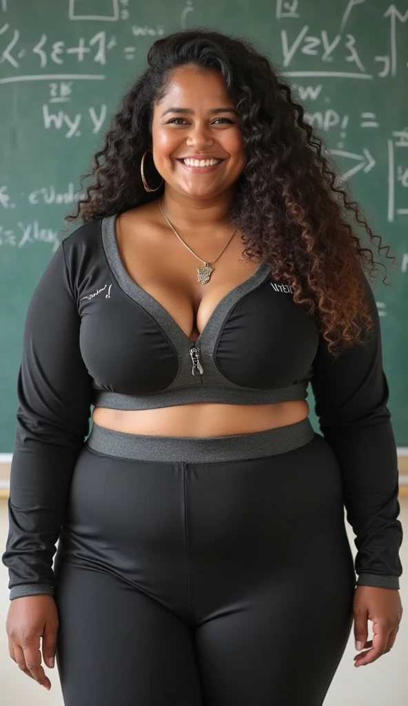 Light skinned African American women, fluffy big curly afto, glasses, cute face card, big mommy milker tits, Juicy fat ass, wearing black colored tube top, and black colored biker shorts, at elementary school with kids sitting in desk
