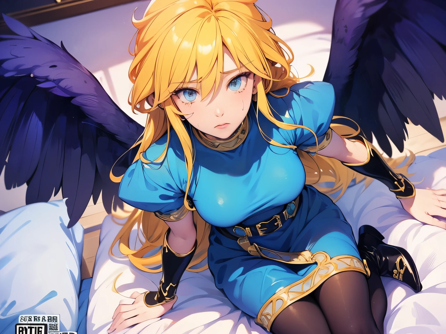 The old inn 、Kneeling in bed 、shot from above、Nina、breath of fire2, Gold、blue dress、pantyhose, black wings、face close up,paisuri、(cover、sweat、sad、orgasm、sweat)