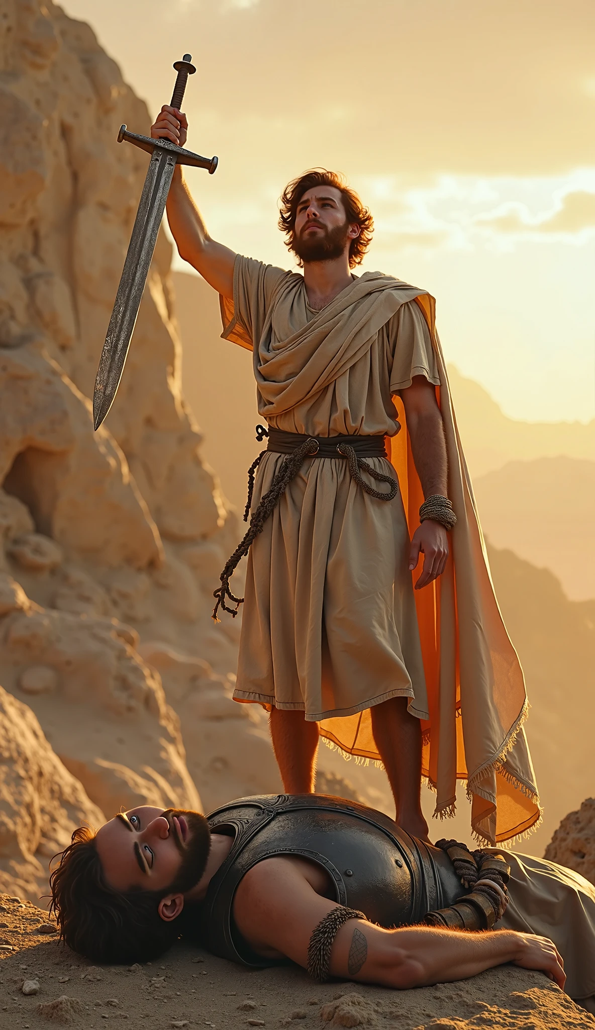 Young David with sling vs Goliath Giant, Bible, Realistic, 4k