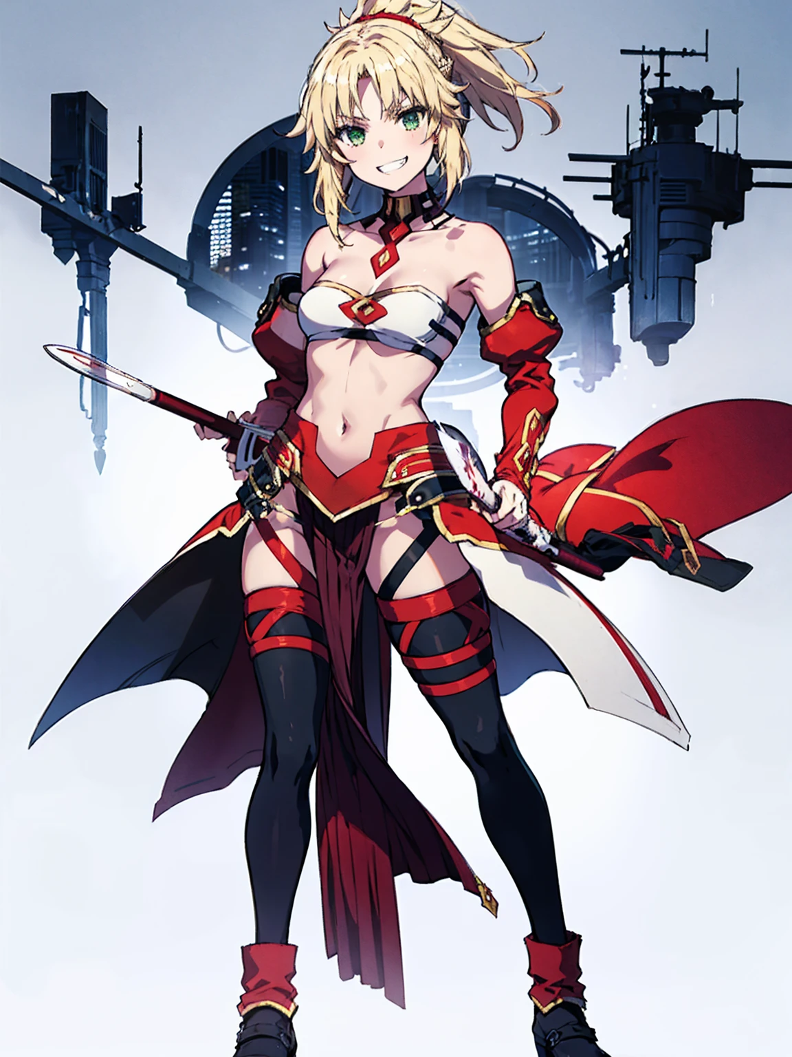 fantasy, 1devil_girl, low_teen, platina_blond_hair,long_bangs,, bare_shoulder, navel out, thighhighs,silver_armor, red_clothes,waist_armor, Glebe, hold_swords, large_breasts, dynamic_flying_pose,Floating,(pelvic_curtain:1.3), silver_Headgear ,looking_down_at_sunrise_city_sky_background,,slightly_spread_legs, some_swords,some_swords_floating_around_the_girl,solo,horn ,smile,,open_legs,open_arms,rise_knee,rise_leg,rise_thigh,rise_leg,forward_leaning_posture,apart_legs,fang,Shiny_gold_eyes,crotch