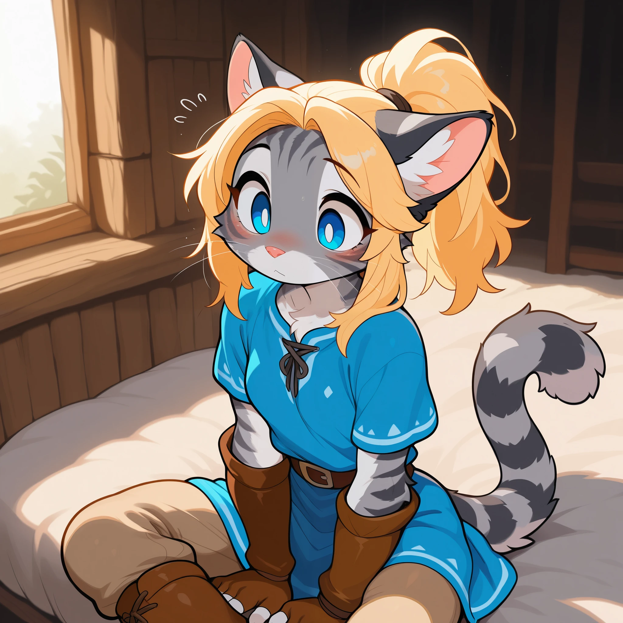 masterpiece, best quality, amazing quality, high resolution, absurdres, newest, furry, anthro, countershading, solo, katxl, Anthro furry feline, blue eyes, grey striped fur, blonde ponytail, spikey hair, slender body, pink nose, whiskers, small breasts, striped cat tail, wearing blue tunic, brown fingerless arm length gloves, brown pants, brown boots,