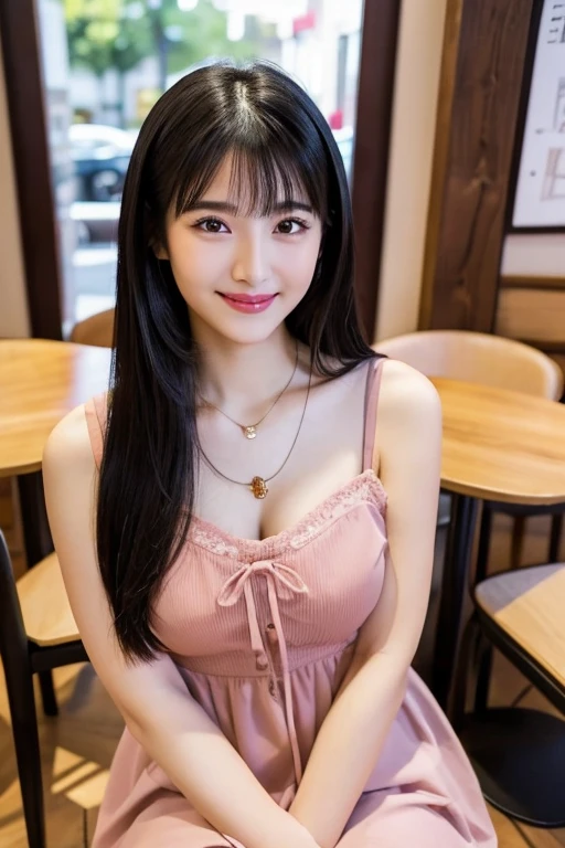 ((Mature woman sitting in front of café)),((colorful pattern dress:1.3)). 40k, Photography, masutepiece, Best Quality, dark grey background, ((Mature Women, waifu, mami, A MILF)), ((voluptuous breasts)), Perfect face, perfect , ((The chest is huge)), ((One girl with brown eyes and gorgeous bright black hair)). a Pretty Japanese woman，wet hair look, completely soft chest and white skin,, ((Very soft breasts)). Ultra-detailed face, Detailed eyes, embarrassed, Smile, Summer, Daytime,  full body view,  standing_up