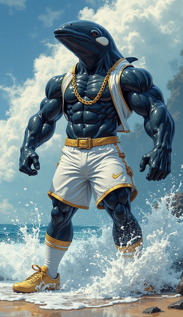 The king of sharks, the muscular shark, with its detailed head and white human-like appearance, sits confidently on a large boulder in the Great Hamas Sea. He wears gold shorts, a gold belt with a gold Gucci logo and stylish black sneakers. A gold necklace was worn around his neck, and he had several rings on his wrist and a small muscular shark nearby. The backdrop features luxurious oceans and islands under a clear blue sky that provides a refreshing and serene feeling.