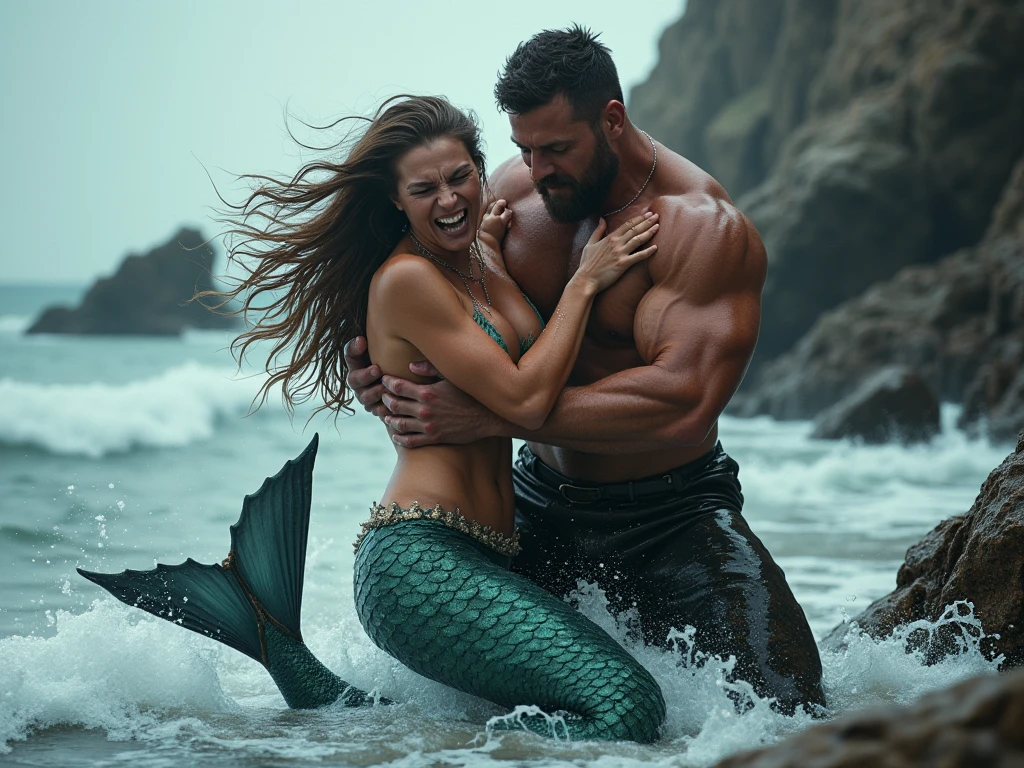 Two male mermaids, muscle men, blue mermaid tails, black beard, black longhair, lie on rock, wallpaper