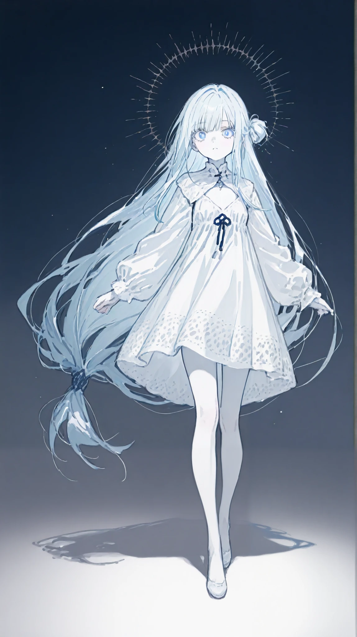 masterpiece、completely complete、super quality、best quality、 mysterious 、no expression、cool、 beauty、delicate、very long hair、hanging eye、sharp eyed、straight hair、long hair、anime style、((light blue hair tied at the top:1.5))、(( Dark Blue Eyes :1.5))、bungs、pure white skin、Original Characters、intricate design、Unique Design、long eyelashes、full bodyの描画、request、Possible Adoption、full body、background、((白いbackground:1.5))、full body、pure white skin、background無地、backgroundなし、characters only、 dull colors 、 tattered clothes、Undead、bandage。