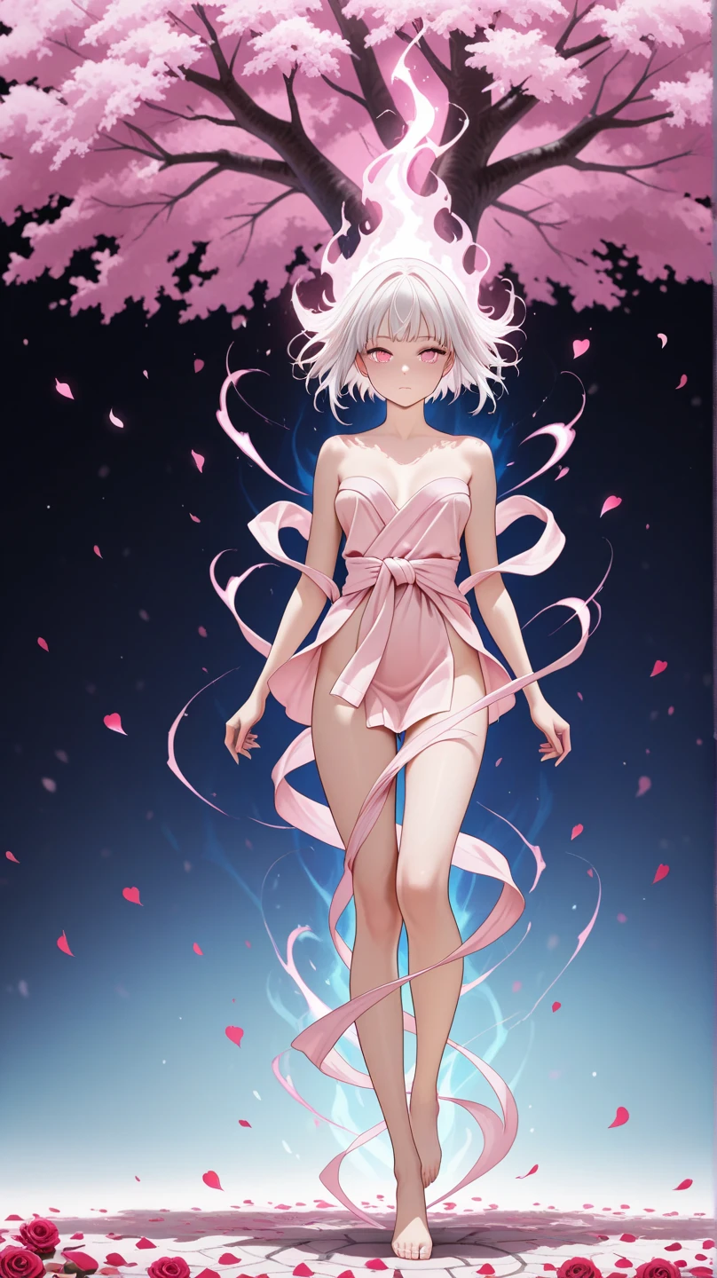 ((Masterpiece)), ((Best Quality)), (Super Detail), ((Very Delicate and Beautiful)), Cute, Cute, Illustration, , Pretty girl, 1 girl, Solo, ((Very small breasts)), Beautiful silver hair, Short hair, Disheveled hair, Fine eyes, Beautiful red eyes, Smile, Open mouth, (Pink dancer)), (Elf)), hair ornament, sunrays, ((((Full body)))), forest, cherry blossom view, cameltoe, navel, standing, arms up,