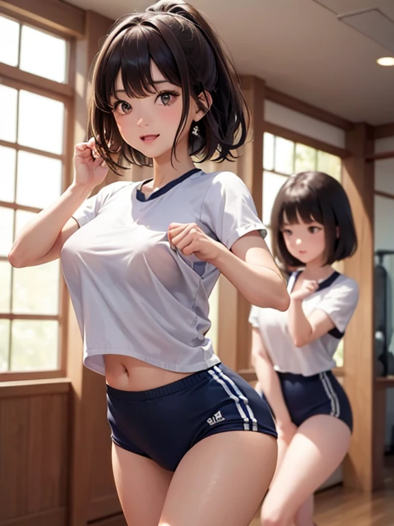 Highest quality,masterpiece,Ultra-high resolution, Very detailed, 8K,14 year old beautiful Japanese woman:1.5, Small face, blunt bangs, Breast Augmentation Surgery (White gym clothes for the upper body:1.5, There is a navy blue line), (The lower half of the body is a navy blue tight bloomer), squat