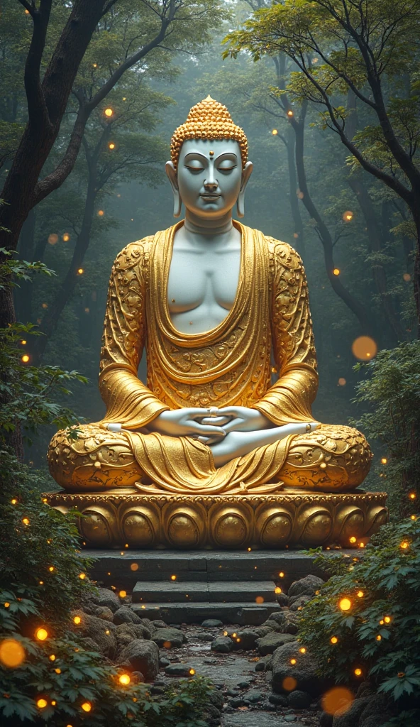 Buddha meditates under a large tree in the moonlit forest" - In the silent night forest,Create realistic images under towering trees,Capture the Buddha's meditative state, The moonlight casts a soft glow, Render scenes in an aesthetically pleasing way, Realistic way