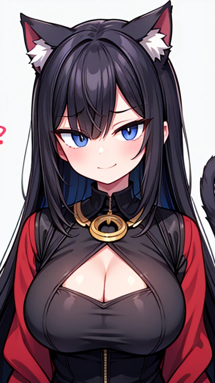 1 girl,CG,Completely naked,huge breasts, black hair, long hair, straight hair, black eyes、Cat ear、((nude、Tribal tattoo、Emphasis on the upper body、Close-up of upper body only)), ((white background))